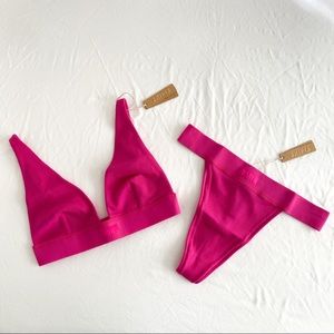 Bundle - SKIMS Cotton Rib Plunge Bra and Thong in Raspberry